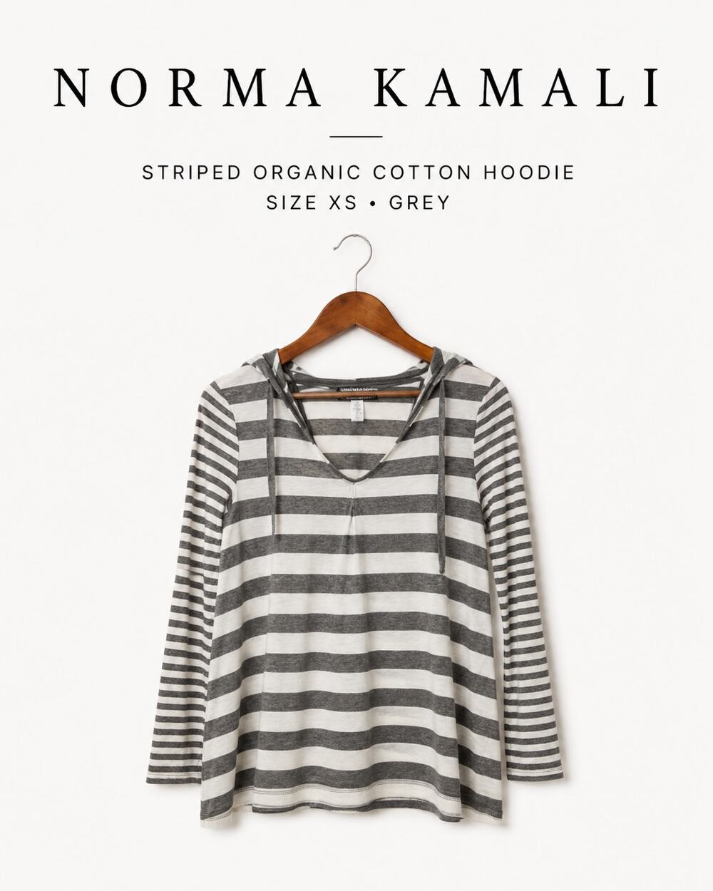 Norma Kamali Organic Cotton Striped Hoodie Gray White V Neck XS Sustainable